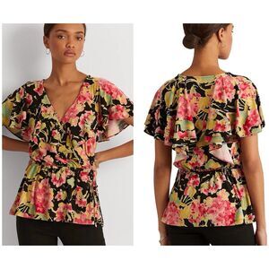 Lauren Ralph Lauren Faux Wrap Top Dark Floral Womens Large Black Pink Ruffle NWT
